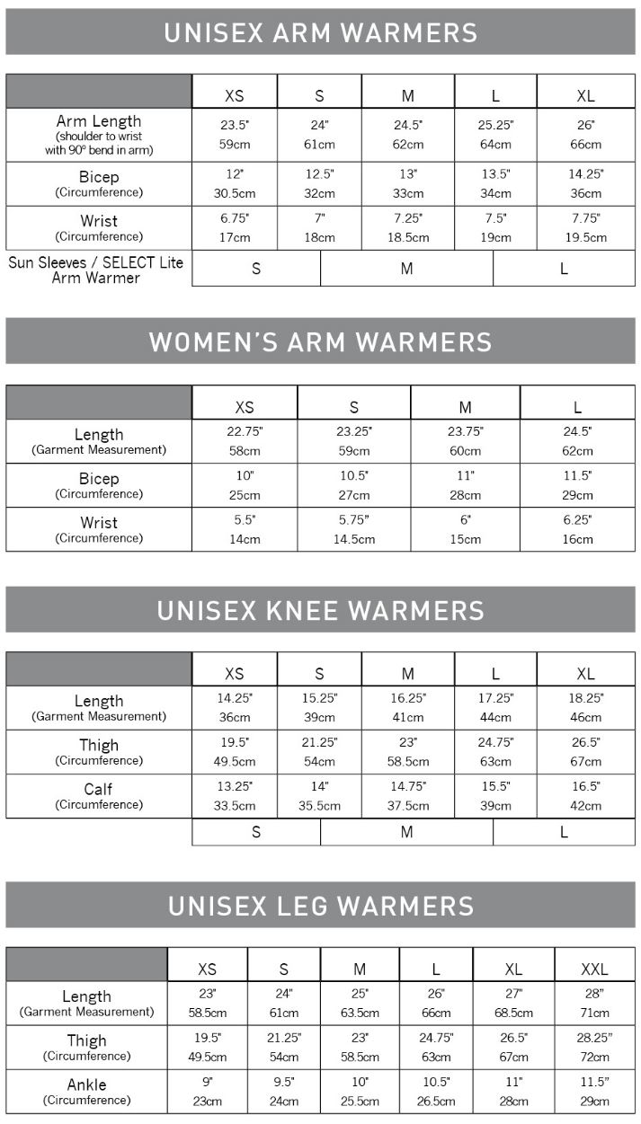 Pearl Izumi Arm/Leg/Knee Warmer sizing chart Pearl Izumi Arm/Leg/Knee Warmer sizing chart